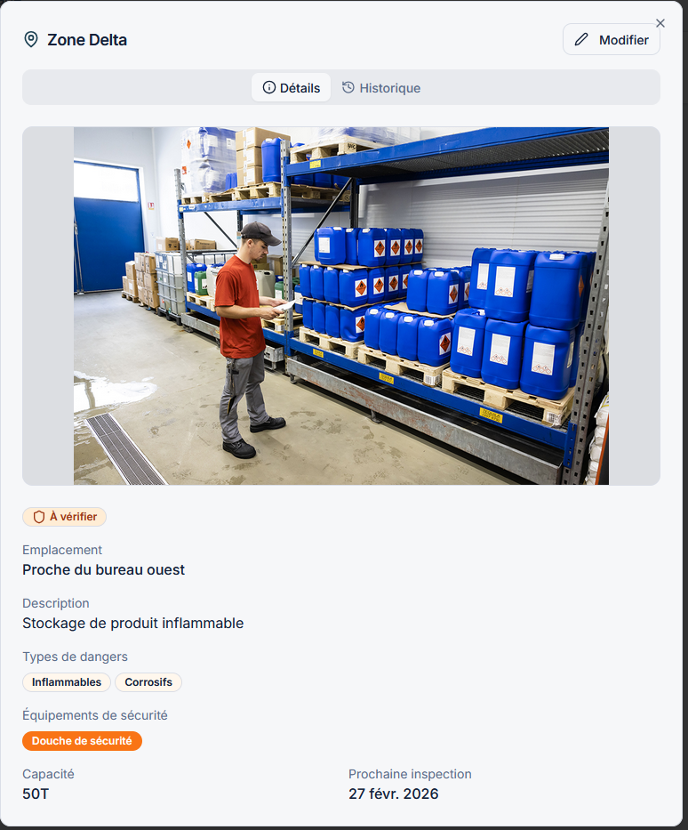 Zone de stockage de produits inflammables avec photo et détails